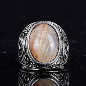 925 Ayar Katı Gümüş Erkek Yüzük, Gerçek Doğal Cabochon Altın Rutilat Kuvars Taşı Yüzük, Tasarım Gümüş Erkek Yüzük - Görsel 3