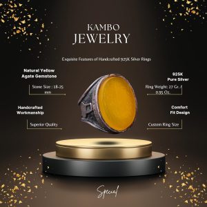 Gerçek Doğal Kehribar Taş Yüzük, 10.00 Karat, İslami Yüzük, Sterlin Gümüş Yüzük, Sarı - Görsel 2