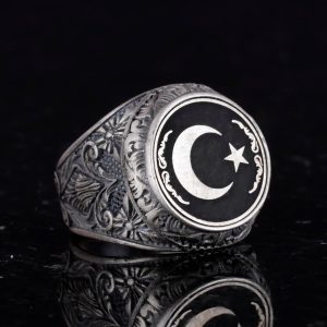 Yıldız ve Ay Yüzüğü - Erkekler için 925 Ayar Gümüş Bayrak Yüzüğü - Görsel 5