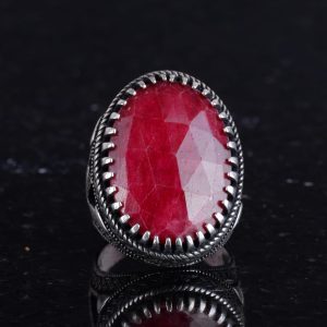 Gerçek Doğal Yakut Taşlı Yüzük - Osmanlı Tuğra Deseni - 925 Ayar Sert Gümüş Yüzük - Görsel 4