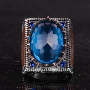 925 Ayar Gümüş İslami Yüzük, Yapay Taş Yüzük, El Yapımı Hat Yazılı Yüzük (Yapay Mavi Topaz) - Görsel 4