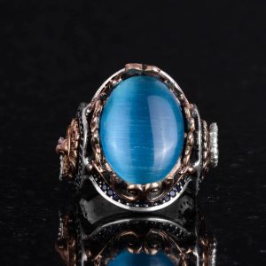 925 Ayar Gümüş Erkek Yüzük - Açık Mavi Kedi Göz Taşı - Aslan Sembolü El Yapımı Yüzük - Görsel 4