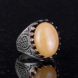 925K Katı Gümüş Erkek Yüzüğü Doğal Taşlarla - El Yapımı Zarafet (Sarı Akik Taşı) - Görsel 3