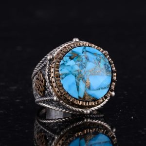 Gerçek Doğal Turkuaz Taşı ile Üretilmiş Gümüş Erkek Yüzük, Ayrıntılı Bronz Kaplama Aksamlar - Görsel 5