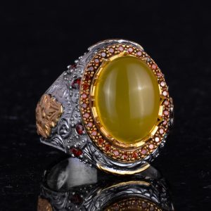 Gerçek Doğal Taş Yüzük - Sultan Yüzük - 925 Ayar Gümüş Yüzük Erkekler İçin (Sarı akik) - Görsel 5