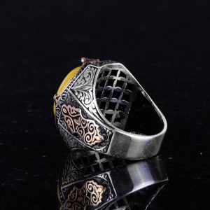 925 Ayar Katı Gümüş Yüzük - Doğal Sarı Akik Taşı Yüzük, Gümüş Erkek Yüzüğü - Görsel 7