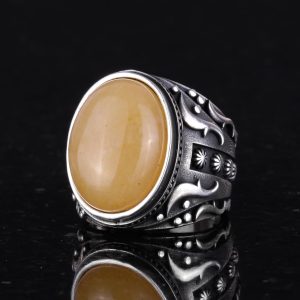 Doğal Sarı Akik Taş Yüzük, 925 Ayar Sterlin Gümüş Yüzük Erkekler İçin, Tasarım Gümüş Erkek Yüzüğü - Görsel 4