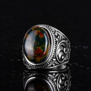 Doğal Yeşil Kan Taşı Yüzük - 925 Ayar Sterling Gümüş Yüzük Erkekler İçin, Farklı Yüzük - Görsel 3