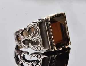 Gerçek Doğal Dumanlı Kuvars Taşlı Yüzük, Sterlin Gümüş Doğum Taşı Yüzüğü için Erkekler - Görsel 4