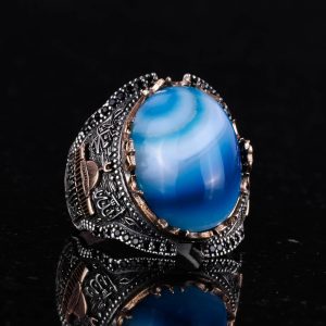 Mavi Akik Taşlı Yüzük, Camii Yüzüğü, 925 Ayar Gümüş Yüzük - Görsel 4