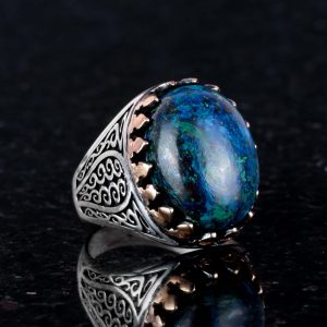 925 Ayar Katı Gümüş Erkek Yüzük Doğal Taşlarla - El Yapımı Zarafet (Azurit Taşı) - Görsel 4