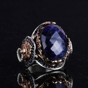 925 Ayar Gümüş Erkek Yüzük - Safir Taş - Aslan Sembolü El Yapımı Yüzük - Görsel 5