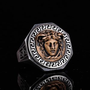 925 Ayar Gümüş Yüzük - Yunan Anahtarı Tasarımı Erkek Yüzüğü - El Yapımı Medusa Yüzük - Görsel 5