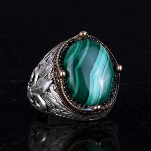 925 Ayar Gümüş El Yapımı Erkek Yüzük - Çeşitli Doğal Taşlarla Mevcut (Malakit) - Görsel 5