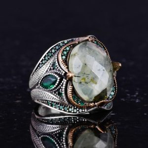 Gerçek Doğal Prehnit Yeşim Taşı Yüzük - Tasarım Gümüş Erkek Yüzük - 925 Ayar Gümüş El Yapımı Taş Takı - Görsel 4