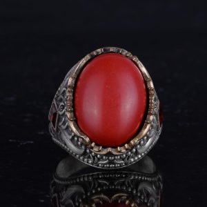 Yapay Taş Yüzük - El Yapımı Erkek Yüzüğü - Şık 925 Ayar Gümüş Erkek Takısı (Yapay Mercan) - Görsel 4