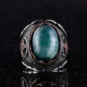 Osmanlı Tuğra Gümüş Yüzük, Doğal Cabochon Zümrüt Taşlı Yüzük, 925K Sert Gümüş Erkek Yüzüğü - Görsel 3