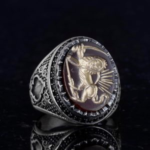 Gerçek Doğal Akik Taşı Aslan Yüzüğü - Oymalı ve Kazınmış Taş 925 Ayar Gümüş Erkek Yüzüğü - Görsel 5