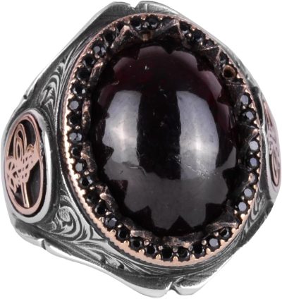 925 Ayar Katı Gümüş Erkek Yüzük Doğal Taşlarla - El Yapımı Şıklık (Granat Taşı)