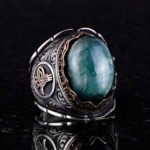 Osmanlı Tuğra Gümüş Yüzük, Doğal Cabochon Zümrüt Taşlı Yüzük, 925K Sert Gümüş Erkek Yüzüğü - Görsel 4