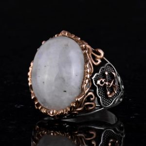 925 Ayar Saf Gümüş Erkek Yüzük, Doğal Ay Taşı Taşları - El Yapımı Tasarım, Denizci Çapa Yüzüğü - Görsel 5