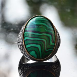 Doğal Malakit Taşı Erkek Yüzüğü - Büyük 925 Ayar Gümüş El Yapımı Yüzük - Görsel 5