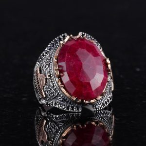 Gerçek Doğal Yakut Taşlı Yüzük, Camii Gümüş Yüzük, 925 Ayar Sterlin Gümüş Yüzük - Görsel 3