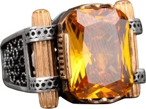 Erkekler için 925 Ayar Gümüş El Yapımı Yüzük, Doğal Olmayan Sitrin Taşı Yüzük - Görsel 1