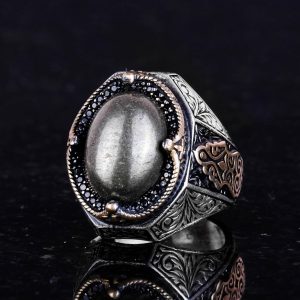 925 Ayar Katı Gümüş Erkek Yüzük - El Yapımı Pirit Taş Yüzük, Refah Manifestasyonu Tasarımı - Görsel 4