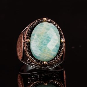 Doğal Amazonit Taşlı Yüzük, Süleyman'ın Mührü Yüzüğü - 925 Ayar Gümüş Yüzük Erkekler İçin - Görsel 3