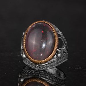 Gerçek Doğal Opal Taşlı Yüzük - 925 Ayar Gümüş Erkek Yüzüğü - İki Kılıç Desenli El Yapımı Yüzük - Görsel 6