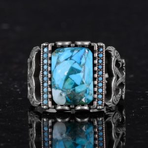 Gerçek Doğal Turkuaz Taşı ile Gümüş Erkek Yüzük - Cesur Kare Tasarım - Görsel 4