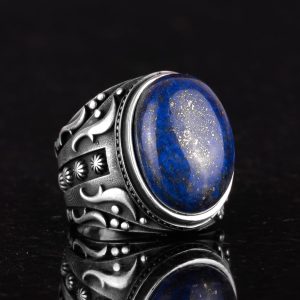 925 Ayar Katı Gümüş Erkek Yüzük, Doğal Lapis Lazuli Taş Yüzük, Bilgelik ve Gerçek Tasarımı - Görsel 6