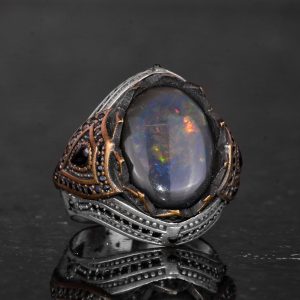 925 Ayar Gümüş Erkek Yüzük - Doğal Opal - Bronz Kaplama Detaylar - El Yapımı Dikkat Çekici Parça - Görsel 5