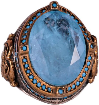 925 Ayar Gümüş Erkek Yüzük, Oluşturulmuş Taş, El Yapımı Vintage Tasarım İfade Yüzüğü (Oluşturulmuş Açık Mavi Paraiba) - Görsel 1