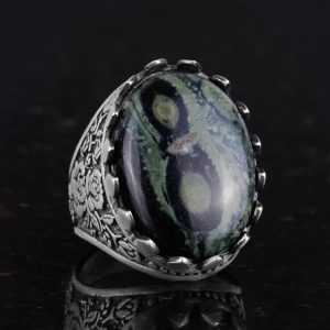 Gerçek Doğal Taş Yüzük - Gül Desenli Yüzük - 925 Ayar Gümüş Yüzük - El Yapımı Büyük Yüzük (Yeşil Göz) - Görsel 6