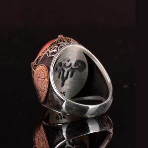 David Yıldızı Yüzük, Yapay Taş Yüzük, 925 Ayar Gümüş Süleyman Yüzüğü (Kırmızı Mercan Yapay) - Görsel 7