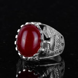 Doğal Kırmızı Akik Taş Yüzük, 925 Ayar Sert Gümüş Yüzük Erkekler İçin - Görsel 4