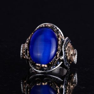 Mavi Kedi Gözlü Taş Yüzük, Aslan Sembolü Erkek Yüzüğü, 925 Ayar Gümüş Tasarım Erkek Yüzüğü - Görsel 6