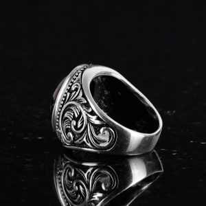 925 Ayar Katı Gümüş Erkek Yüzük, Gerçek Doğal Cabochon Garnet Taş Yüzük, Tasarım Gümüş Erkek Yüzük - Görsel 6