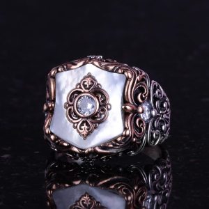 Gerçek Doğal İncili Taş Yüzük, El Yapımı Vintage Tasarım, 925 Ayar Gümüş Erkek Yüzüğü - Görsel 4