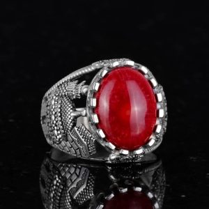925 Ayar Gümüş Yüzük, Kırmızı Mercan Taşlı Yüzük, İslami Camii Gümüş Yüzük - Görsel 5