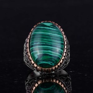 Büyük Yüzük, Doğal Malakit Taşı Yüzüğü, 925 Ayar Gümüş Erkek Yüzüğü - Görsel 4