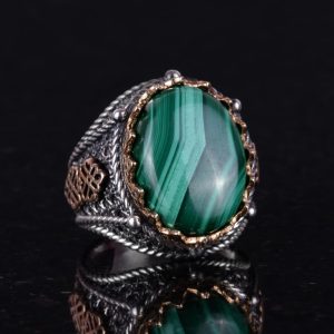 925 Ayar Katı Gümüş Erkek Yüzük, Doğal Malakit Taşlı Yüzük - Görsel 2
