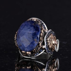 Leo Gümüş Yüzük, Doğal Sodalit Taş Yüzük, 925 Ayar Sterling Gümüş Yüzük - Görsel 5