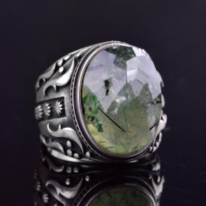 925 Ayar Gümüş Erkek Yüzük Doğal Prehnit Taşı ve Ayrıntılı Oymalı Tasarım ile - Görsel 4