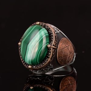 Solomon Mühür Yüzüğü, Doğal Malakit Taş Yüzüğü - Canlı 925 Ayar Sert Gümüş Erkek Yüzüğü - Görsel 6