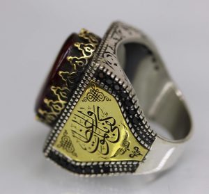 Erkek sterling gümüş yüzük, cami işlemeli yüzük, amber taşlı, İslami yüzük - Görsel 3