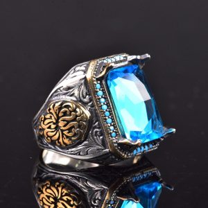 925 Ayar Gümüş Erkek Yüzük, Yapay Akuamarin Taşı ve Karmaşık Oymalı Tasarım ile - Görsel 5