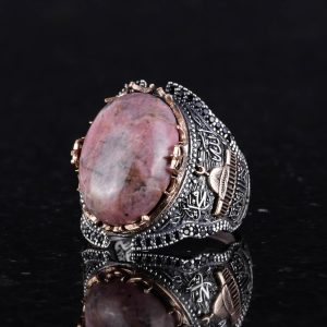 Gümüş Camii Yüzük, Rhodonit Doğal Taş Yüzük, 925 Ayar Gümüş Erkek Yüzük - Görsel 5